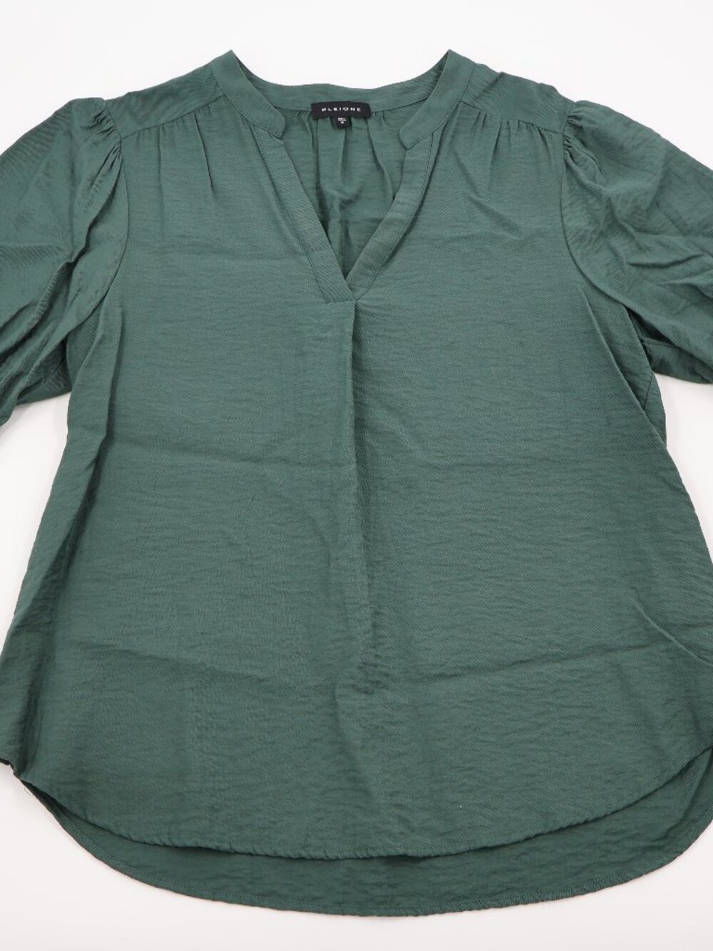 Pleione Blouse Womens Medium Green Split V-Neck Puff Sleeve Textured Top‎